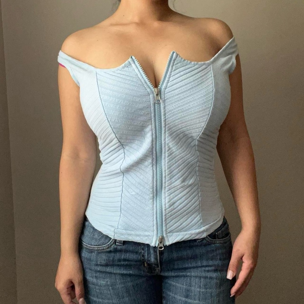 Vintage Baby Blue Fitted Zip Up Top
